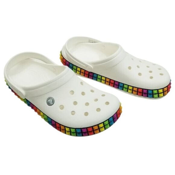 White Crocs Classic Clogs Rainbow Pyramid Studs Along Soles‎ Unisex Size W11/M9 - Picture 1 of 15
